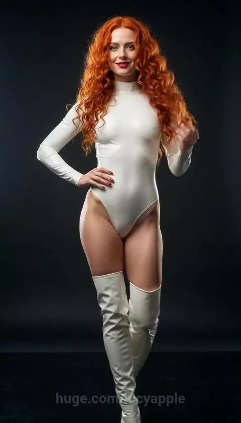 Woman with long red curly hair wearing a white shiny latex bodysuit and matching thigh-high boots, posing against a dark backdrop.