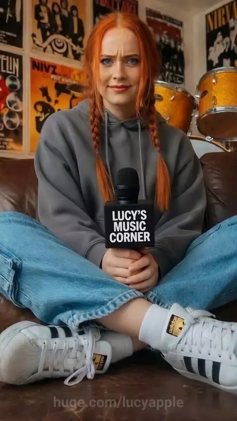 Woman with red braided hair on couch discussing Guns N' Roses, with band posters and drum set in background.