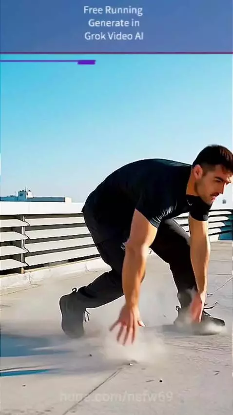 Man in black athletic wear performing parkour, leaping between urban rooftops with a city skyline in the background.