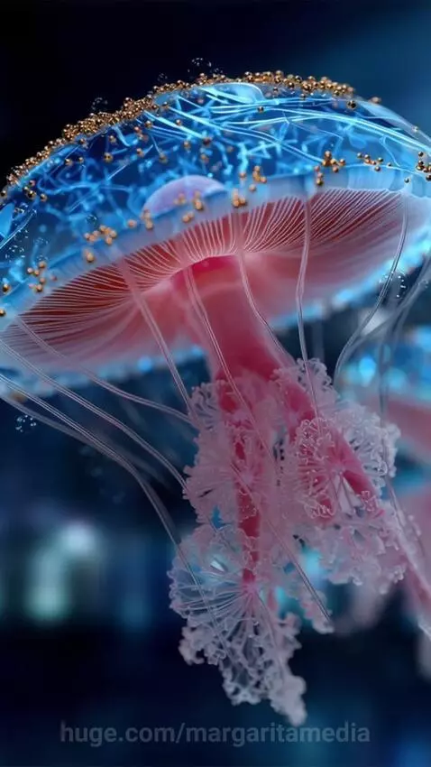 Animated translucent jellyfish with glowing purple and pink hues swim in a vibrant underwater scene with coral and light rays.