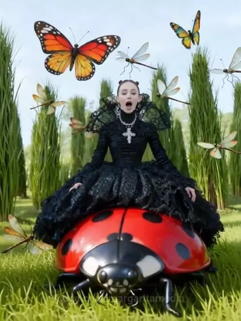 Gothic-dressed woman riding a giant ladybug in a field with butterflies.