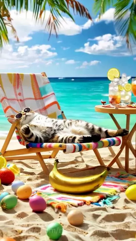 Tabby cat wearing sunglasses sits on a beach chair with cocktails next to it, ocean and palm trees in background.