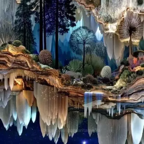 A surreal floating island with lush vegetation, crystals, and a waterfall, reflected in starry water.