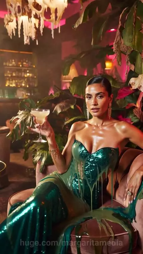 Woman in a green sequined dress with melting liquid, then a gold sequined dress with gold dripping effect.