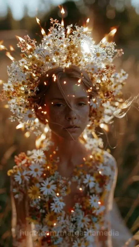 Woman depicted as a sun goddess in a sunlit field, wearing a floral crown with glowing lights.