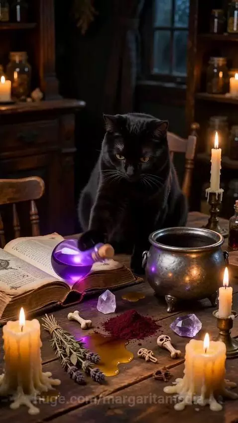 A black cat sits on a wooden table with mystical items, looking at a spilled purple potion that created a cloud of smoke.