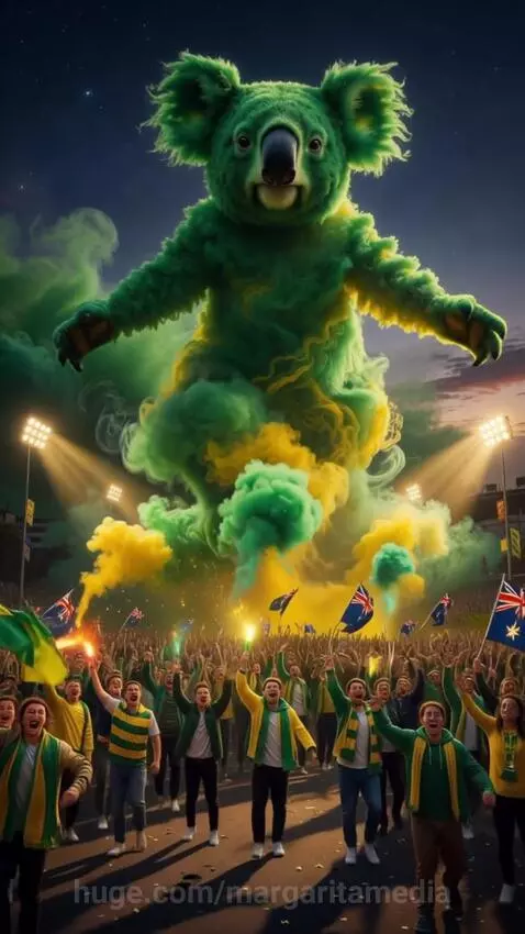 A massive green smoke koala mascot towers over cheering Australian Socceroos fans in a stadium.