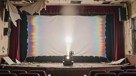 Dilapidated cinema hall with projector light on torn screen, rain falling on seats, and a ghostly figure emerging.
