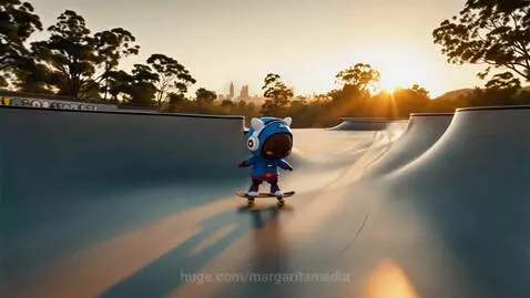 Animated character with cat-ear headphones skateboarding in a park during a golden sunset.