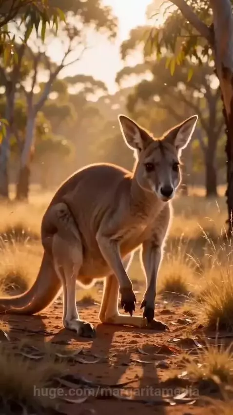 A kangaroo morphs into a fox with glowing patterns in a dry Australian bushland at sunset.