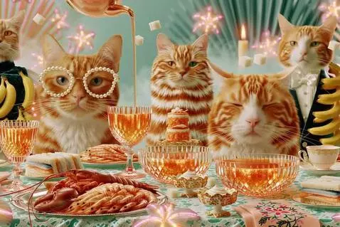 Anthropomorphic ginger cats at a surreal tea party, with a golden teapot, ornate glasses, and floating sugar cubes.