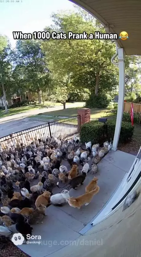 A large group of diverse cats gathered on a residential porch and driveway, scattering away from the door.