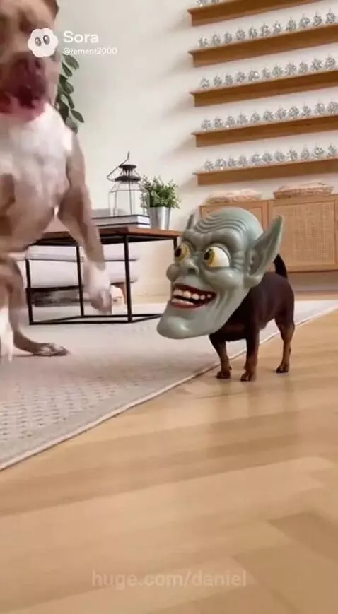 A small dog wearing a large green goblin mask with big eyes and a toothy smile, looking at a larger dog.