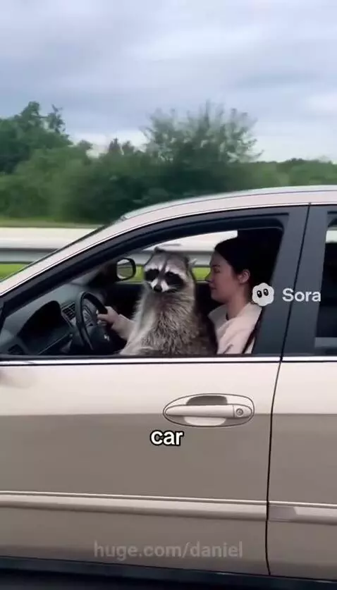 A light-colored car with several raccoons inside, one in the driver's seat, driving on a road.