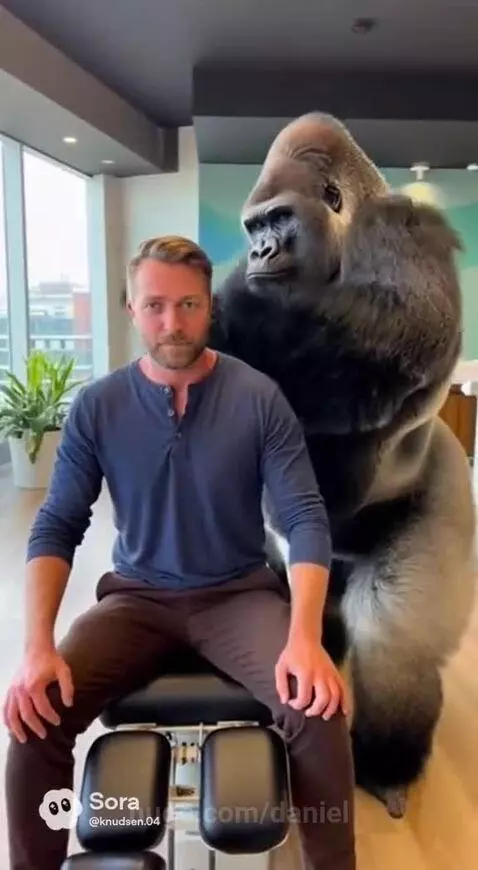 Gorilla stands behind a man on a chiropractic table, then pushes him through a hole in the floor.