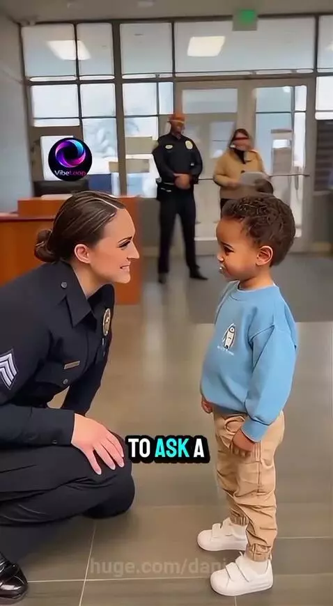 Police officer kneeling to talk to a young boy in a police station lobby. The boy is smiling.