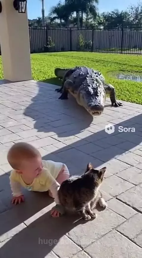 Tabby cat swatting at a realistic alligator prop while a baby crawls nearby.