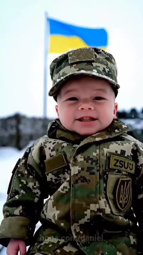 Baby in a camouflage military uniform and cap sits in the snow, smiling at the camera. Ukrainian flag and blurred military vehicles in background.