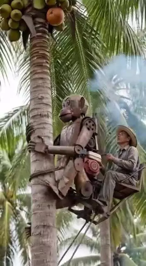 Monkey-shaped robot climbing a palm tree to harvest coconuts, operated by a man.
