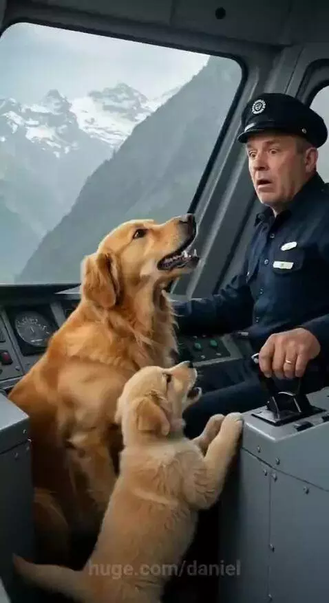 Golden Retriever mom and puppy with train conductor on a train, with a landslide visible on the tracks.