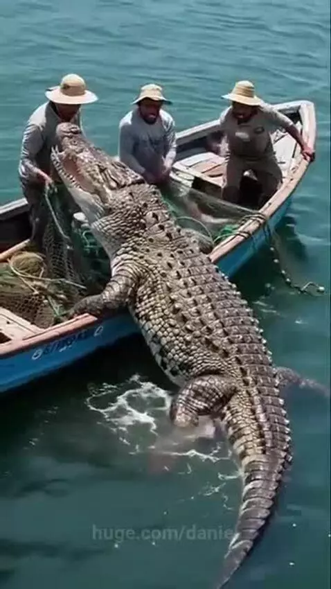 A large crocodile with its mouth open is partially in a small wooden boat with three men, thrashing in the water.