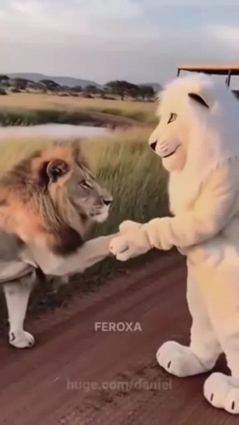 A lion with a full mane shakes paws with a person in a lion mascot costume on a dirt road in a savanna.