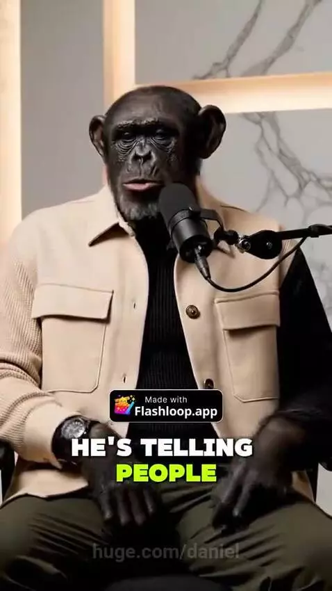 Lion and chimpanzee in clothes at a podcast table, discussing a gorilla attacking a donkey.
