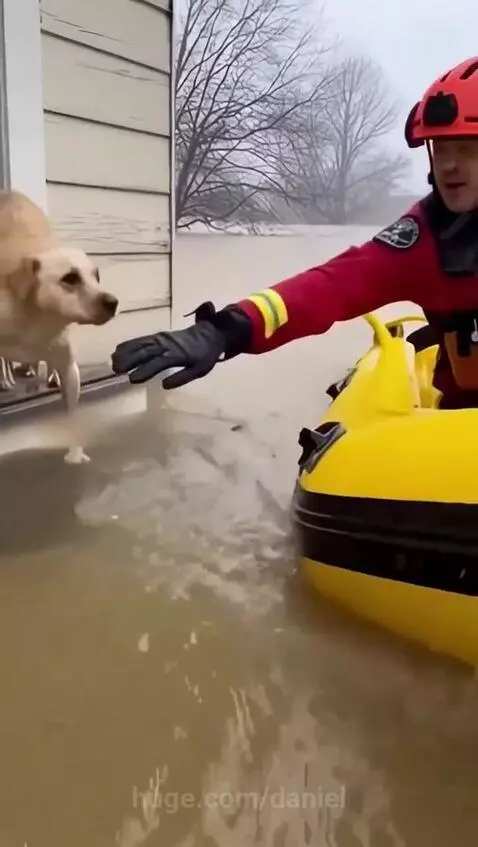 Mother dog on porch watching rescuer save her puppy from floodwaters.