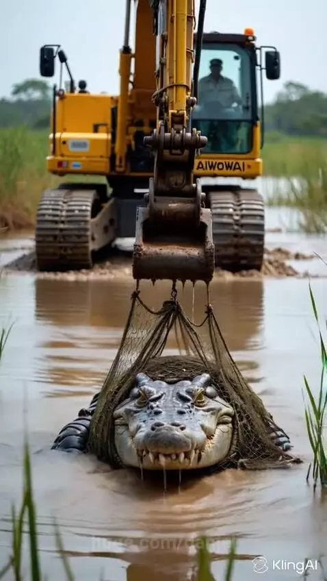 Yellow excavator arm lifting a net containing a large crocodile out of muddy water.