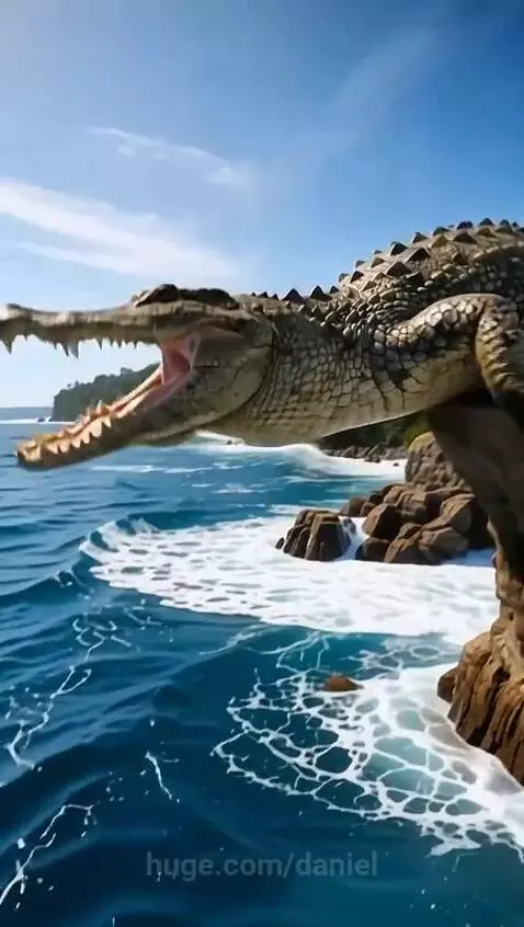 Soldier in uniform fighting a crocodile in the ocean while an elderly woman watches from the beach.