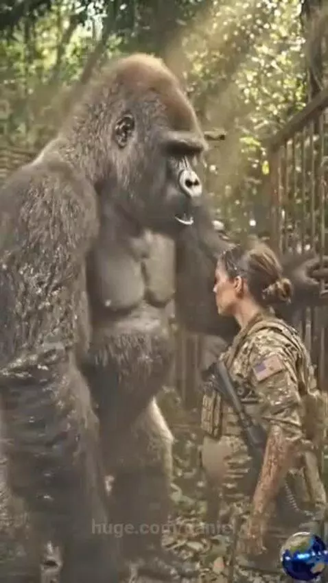 Pregnant woman in military fatigues being protected by a gorilla from soldiers, leading her to a cave filled with gold.