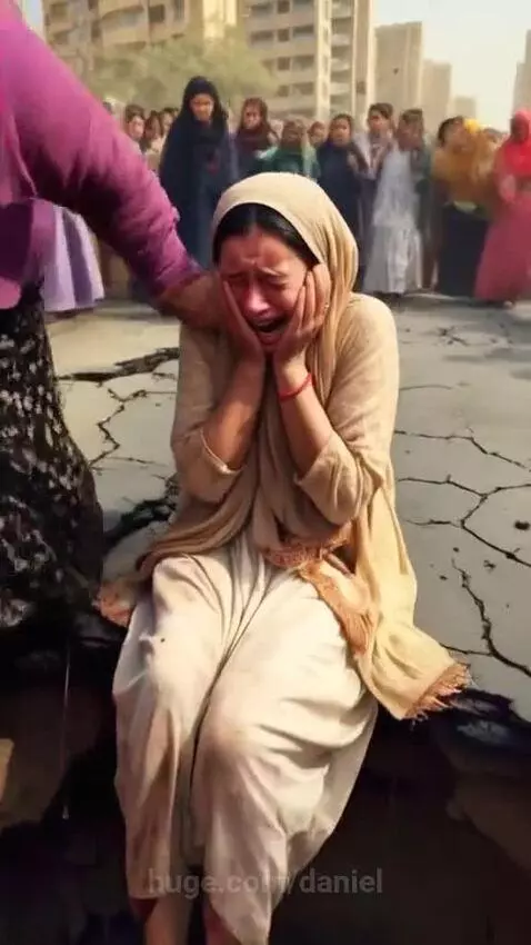 A baby wrapped in a white blanket being held by a rescuer after being pulled from a large hole in a city street.