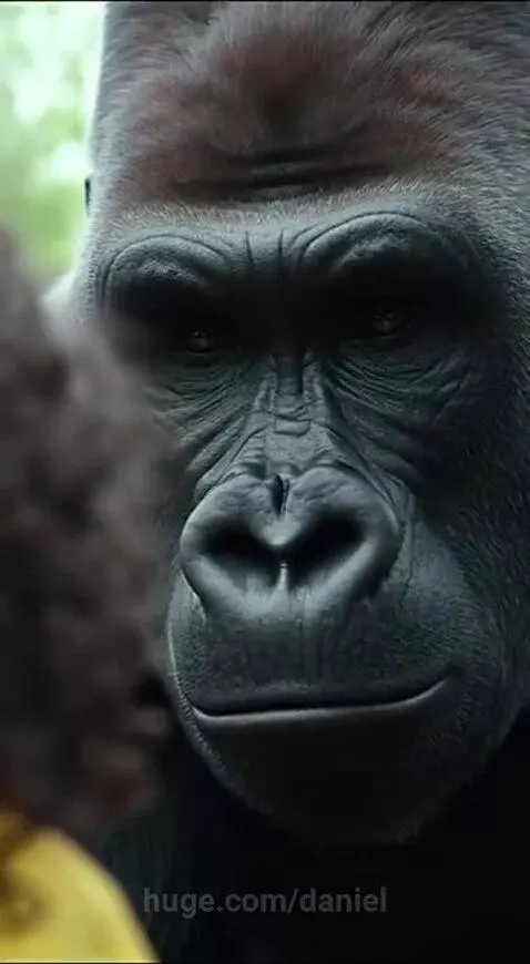A large gorilla extends its hand to a small child with curly hair and a yellow jacket at a zoo enclosure.
