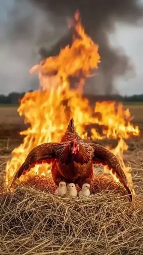 A charred hen lies in a nest, having protected her three unharmed chicks from a fire.