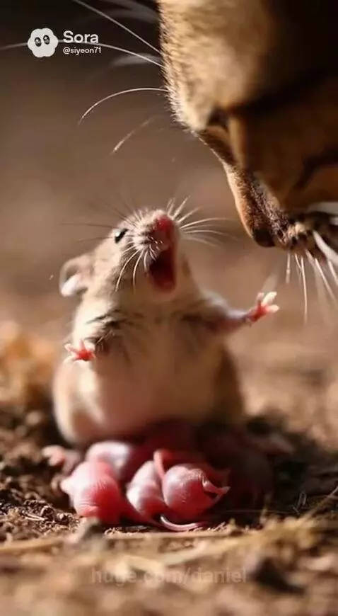 A small mouse stands protectively over its babies, facing a cat.