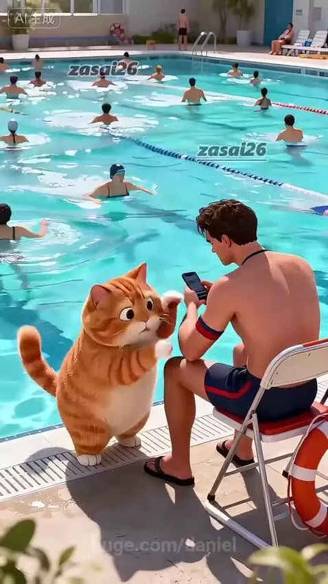 A cat wearing a life ring, swimming towards a baby in a swimming pool.
