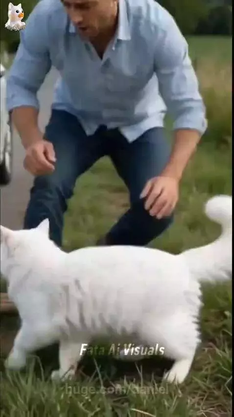 White cat meows at man, leading him to a well where a kitten is drowning, prompting a rescue.