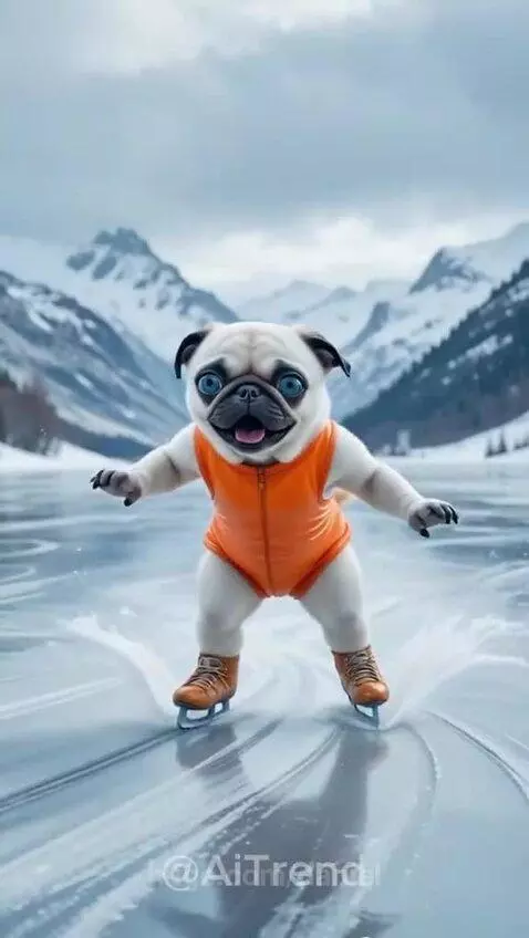 Animated baby being rescued from a snow leopard by a pug dog in a snowy mountain setting.