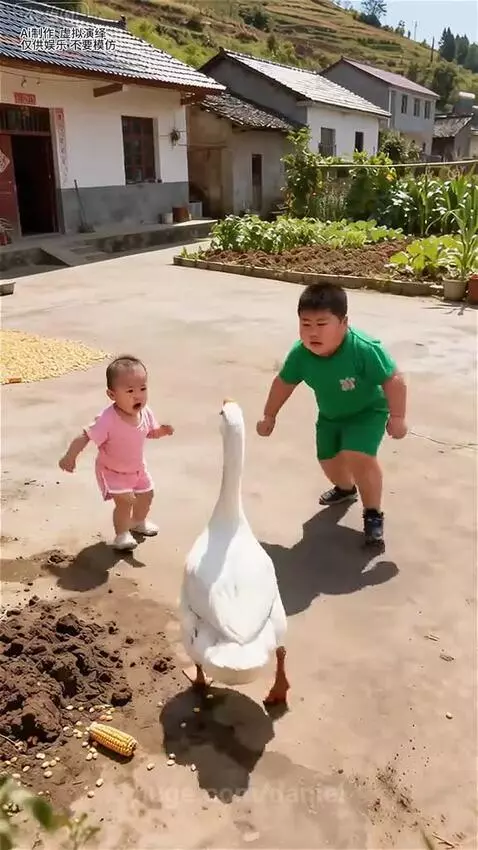 Young boy in green shirt carries away a goose while his younger sibling in pink cries.