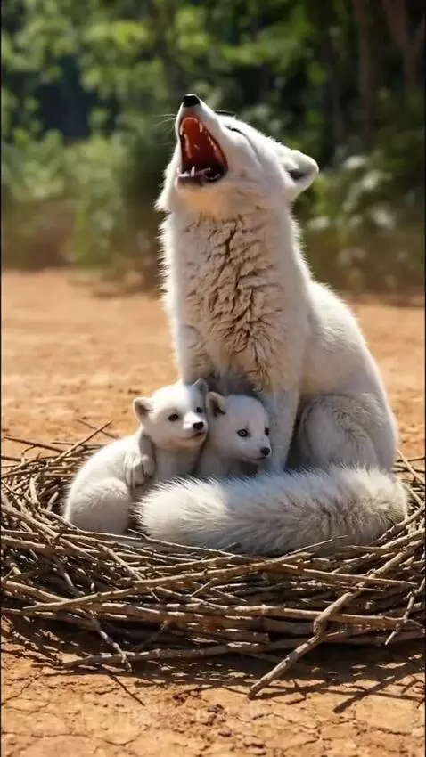 A lion gently carrying a white fox pup towards its mother and siblings.