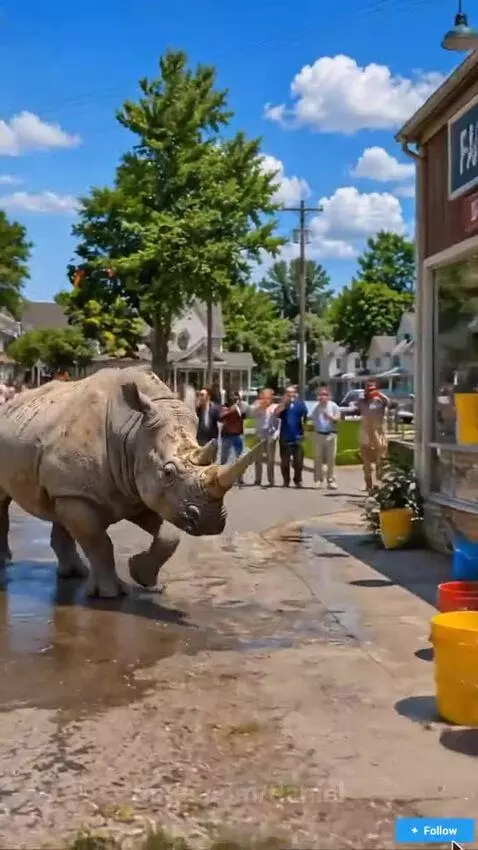 A rhino carefully pouring water from a bucket into bowls for two waiting cats.
