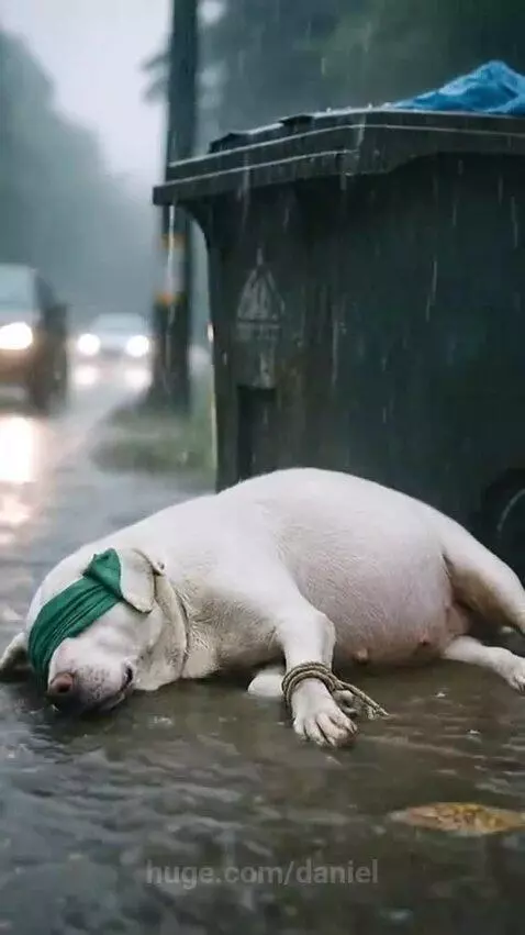 Rescued pregnant dog recovering with her litter of five newborn puppies.
