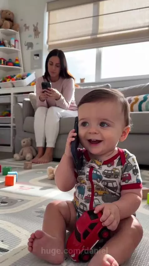 Baby holding a toy phone to his ear, looking at his mom who is on her phone.