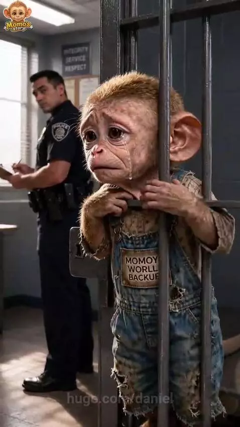 Baby monkey in jail cell crying, then later embracing his sister with a 'NEW BEGINNING' sign.