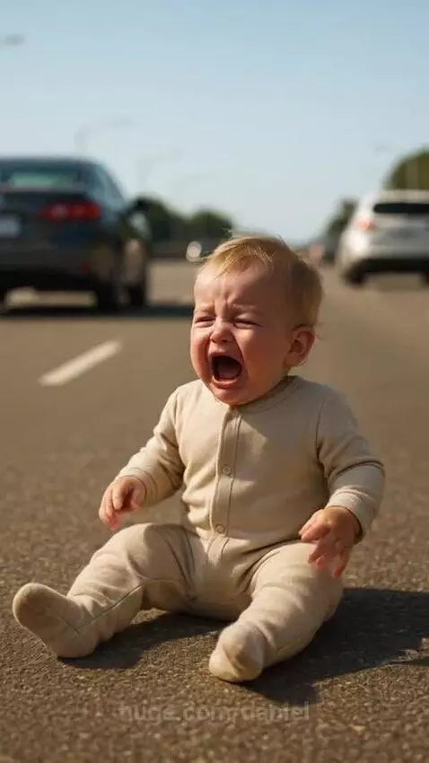 Hero dog running towards a baby who fell out of a car, with another car approaching.