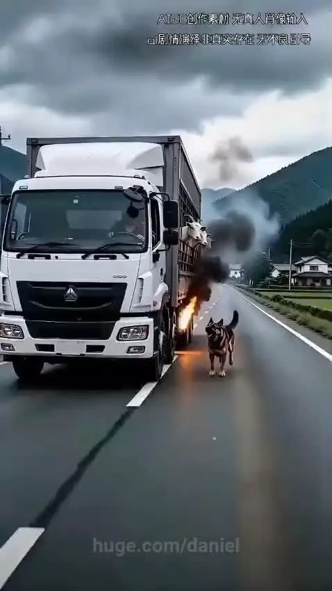 German Shepherd dog barking at a truck driver as smoke billows from the back of the truck.