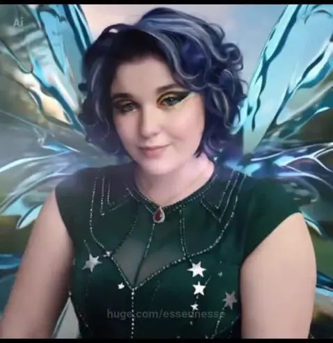 Woman with blue hair and fairy wings in a fantasy landscape, smiling gently.