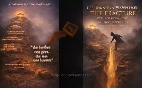 Animated book cover: cloaked figure ascends misty mountain path towards glowing temple, with glowing crack.