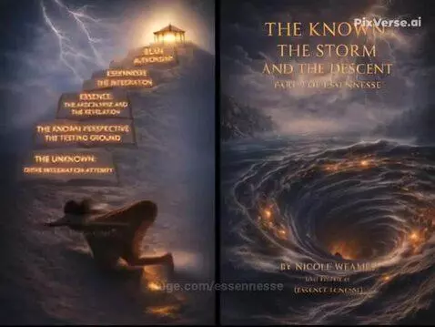 Split screen: left shows glowing stairs with text, right shows book cover with ocean vortex under stormy sky.