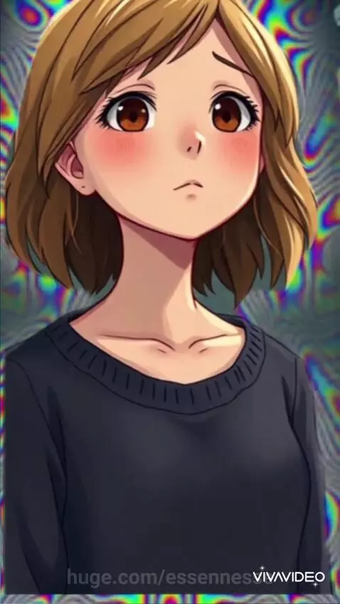 Animated woman with brown hair in a psychedelic rainbow background, holding a glowing book.